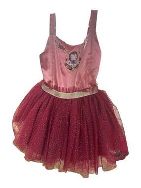 Disney brand size 3 toddler Belle tutu dress that's pink and burgandy in color.